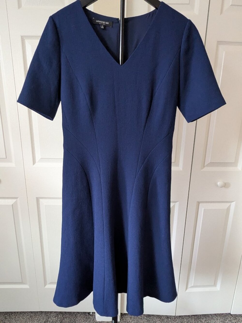 Lafayette 148 New York Navy Blue Wool V-Neck Fit Flare Dress Sz 0 Professional